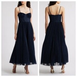 Anthropologie Hutch Amara Corset Pleated Tulle Cocktail Midi Dress Navy Size 12